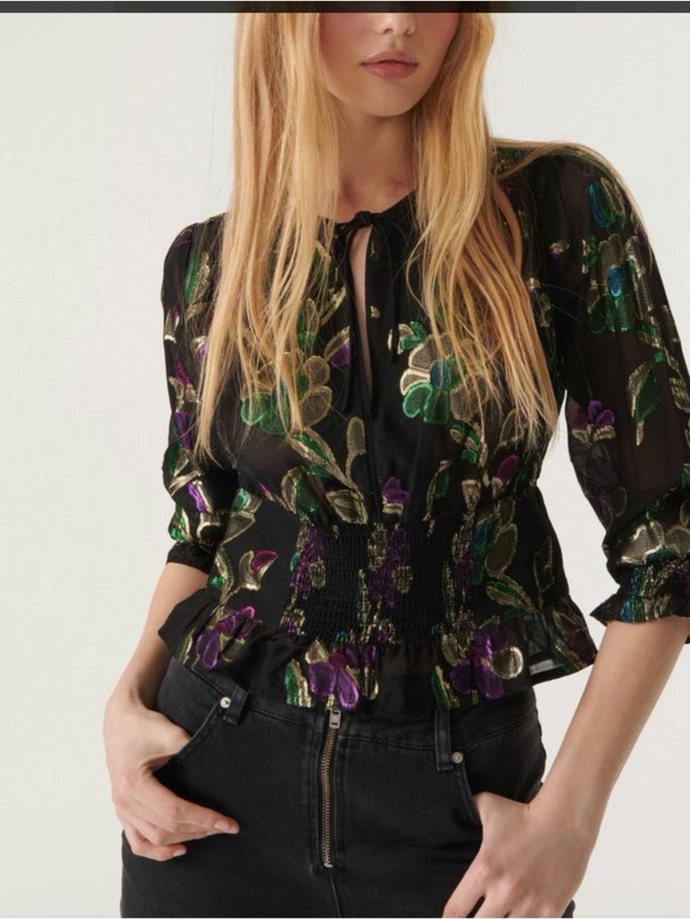 ba&sh Black Sheer Floral Metallic-Thread Waist Blouse